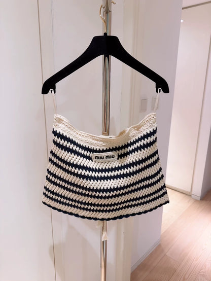 Miu Miu Retro Navy Striped Hollow-Out Knit Mini Skirt