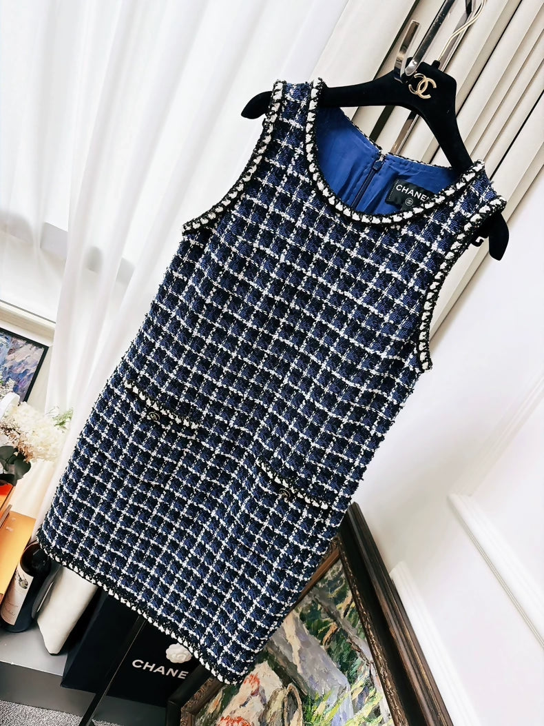 Chanel blue check sequined tweed dress