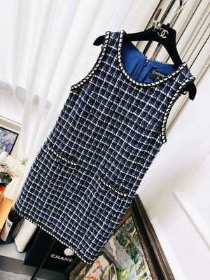 Chanel blue check sequined tweed dress