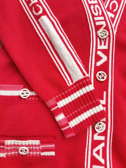 Chanel 20C Red Logo Long Knit Cardigan