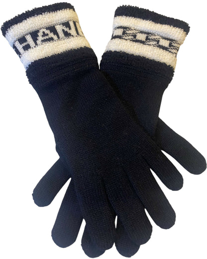 Chanel 20K Limited Edition CC Black Ecru Cashmere Logo Gloves