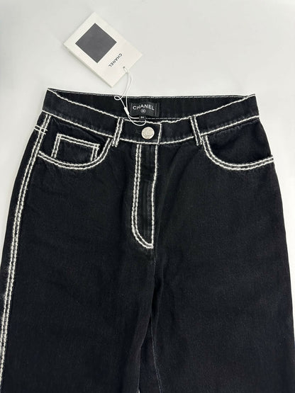 Chanel 24N Coco Neige Black and White Cartoon Border Wide-Leg Jeans Size 34