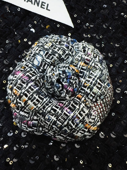 Chanel camellia brooch in blue-grey mixed tweed