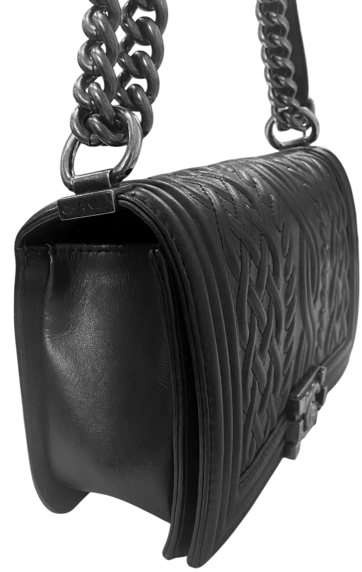 Chanel 13A Paris Edinburgh Black Lambskin Old Medium Embossed Celtic Knot Boy Flap Bag