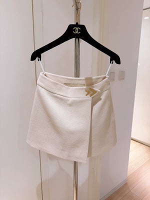 Valentino 26SS Cream White Wool Crepe Skirt with Double V Metallic Logo Wrap Skirt