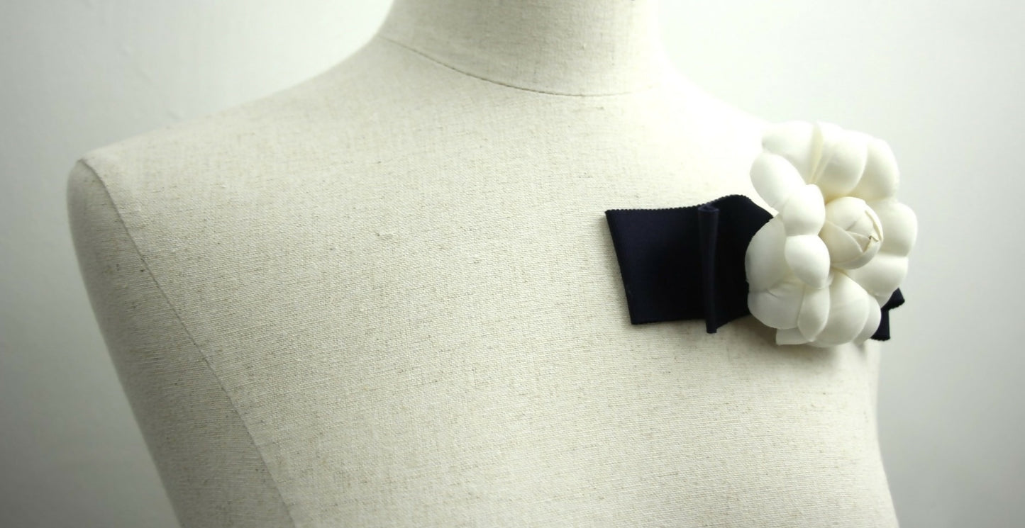 Chanel Vintage 81-85 Fabric Dark Blue Camellia Ribbon Brooch