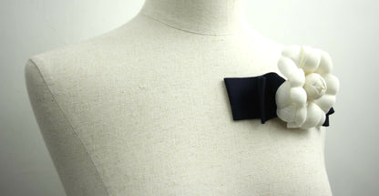 Chanel Vintage 81-85 Fabric Dark Blue Camellia Ribbon Brooch