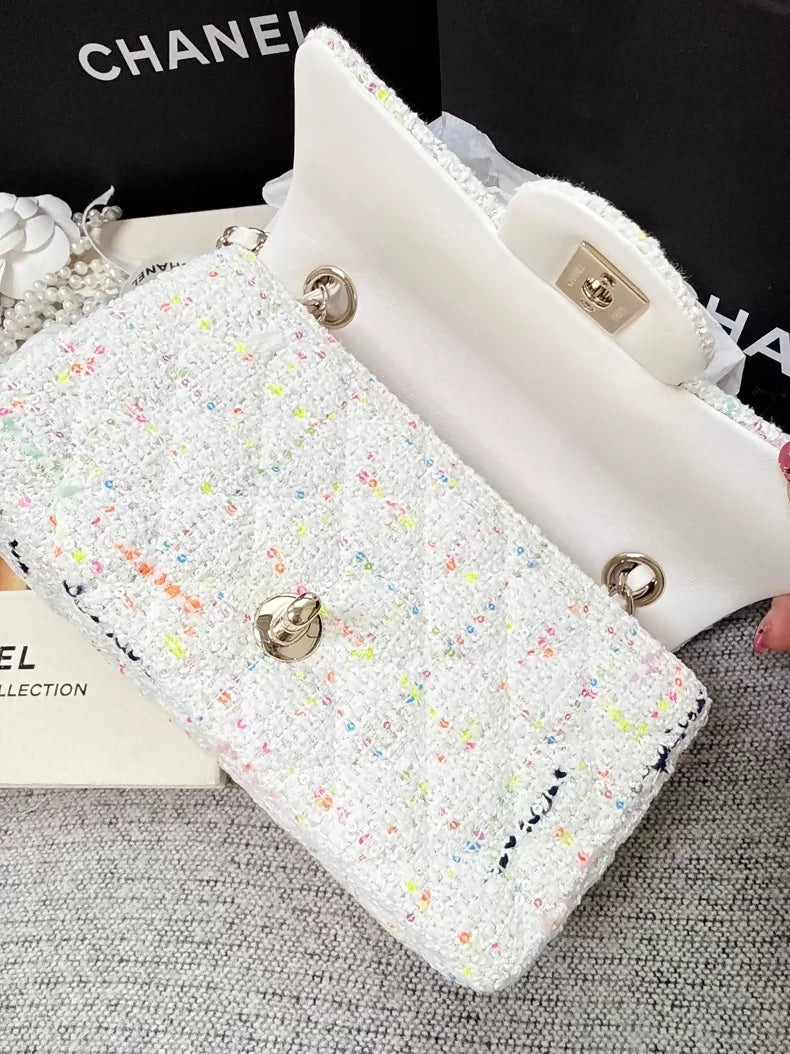 Chanel 24C white sequined tweed Min Flap CF chain bag