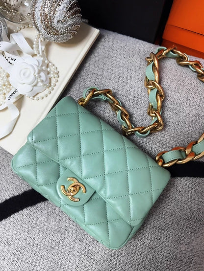 Chanel 23P mint green square shoulder bag with gold chunky chain