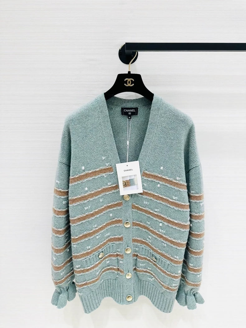 Chanel 24k blue and brown striped knit cardigan