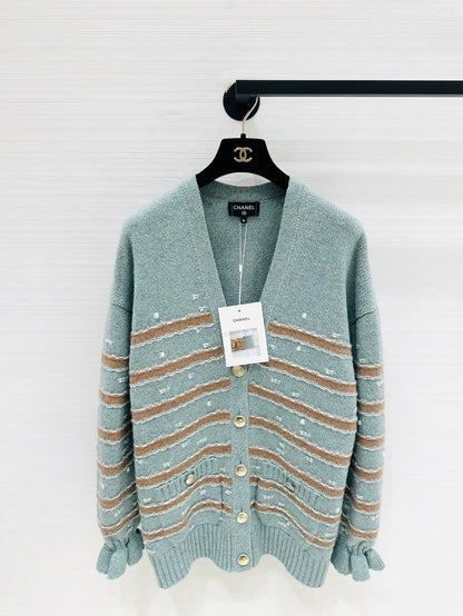 Chanel 24k blue and brown striped knit cardigan