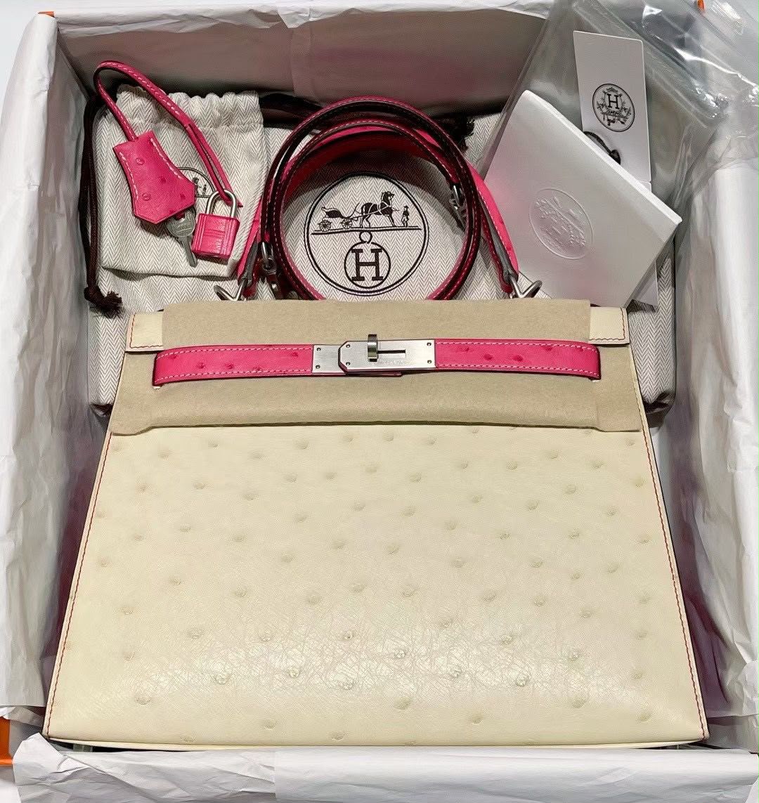 Hermes Kelly 28 Beton / Rose Tyrien Ostrich Brushed Palladium Harwdare