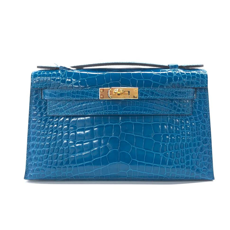Hermes Kelly Pochette blue Izmir shiny alligator gold hardware