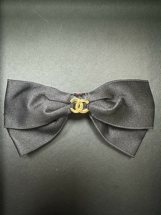 Chanel Vintage 81-85s Silk Black Bow CC Logo Hairpin