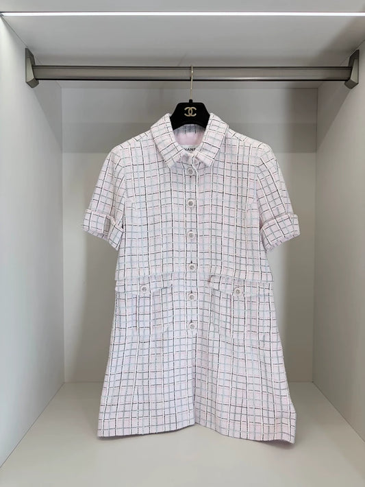 Chanel 25C Pink Plaid Tweed Dress