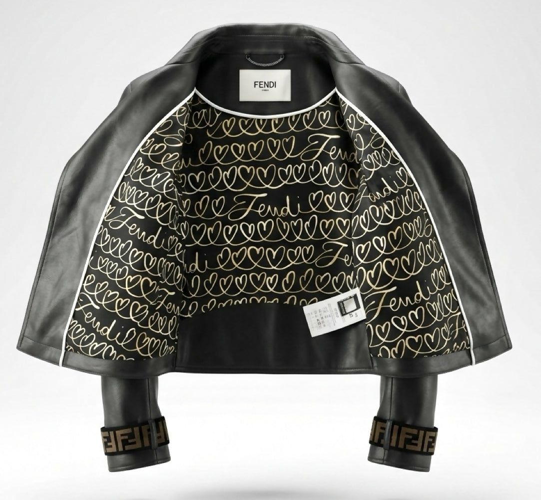 Fendi Black Leather Zucca Velvet Trim Biker Jacket