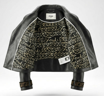 Fendi Black Leather Zucca Velvet Trim Biker Jacket