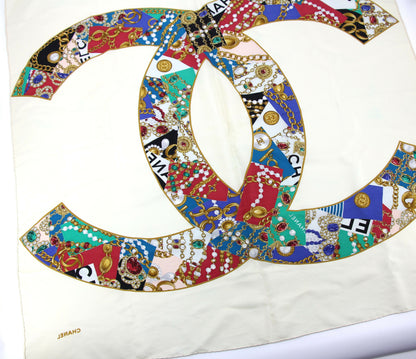 Chanel 100% Silk Beige Jewelry Pattern Scarf