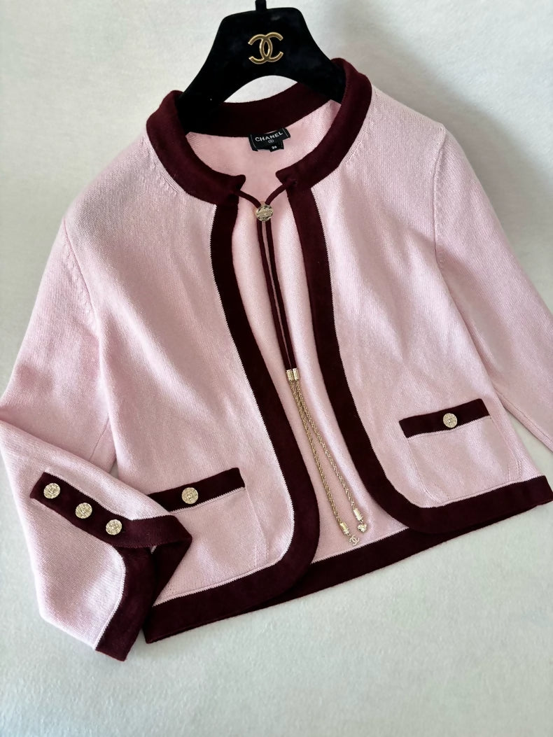 Chanel 25A Pink and Burgundy Cashmere Chain Cardigan