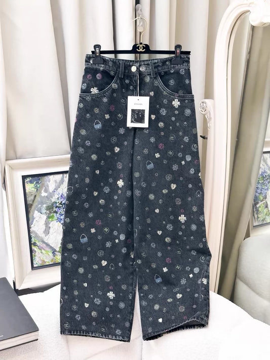 Chanel 25B black print graffiti wide-leg jeans