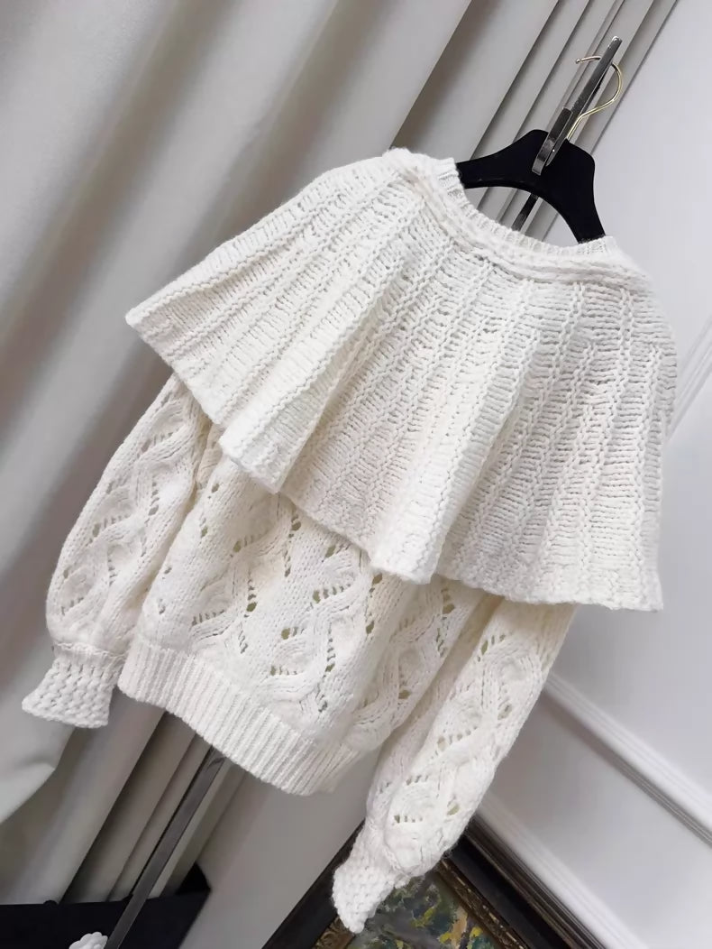 Chanel 21B White Bow Tie Cape Sweater with Heart-Button