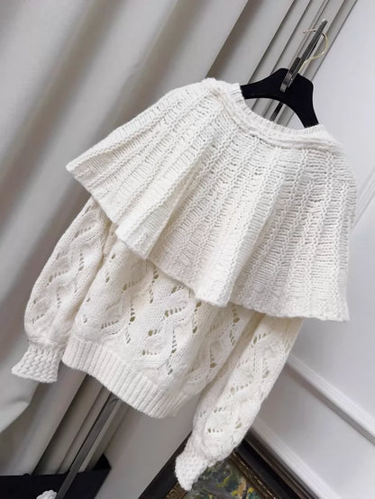 Chanel 21B White Bow Tie Cape Sweater with Heart-Button
