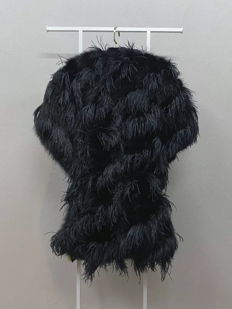 FENDI black fur coat with feather