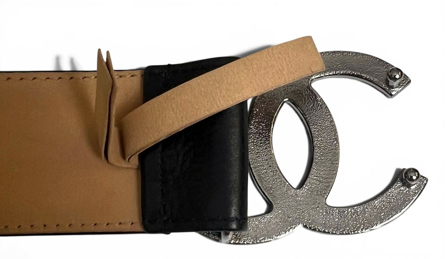 Chanel 08A London Black Caviar Leather Silver CC Charm Emblems Belt Size 95/38
