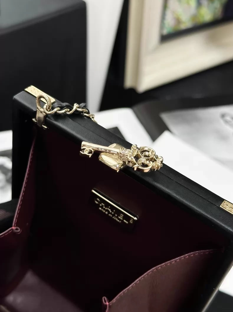 Chanel 17A  Black and Gold Lambskin Ritz-Carlton Box Bag with gold Chain