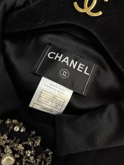 Chanel 06A black embroidered crystal button tweed jacket and skirt
