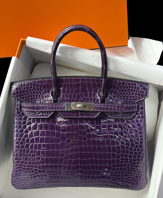 Hermès Birkin 30 Améthyste Shiny Porosus Crocodile with Palladium Hardware