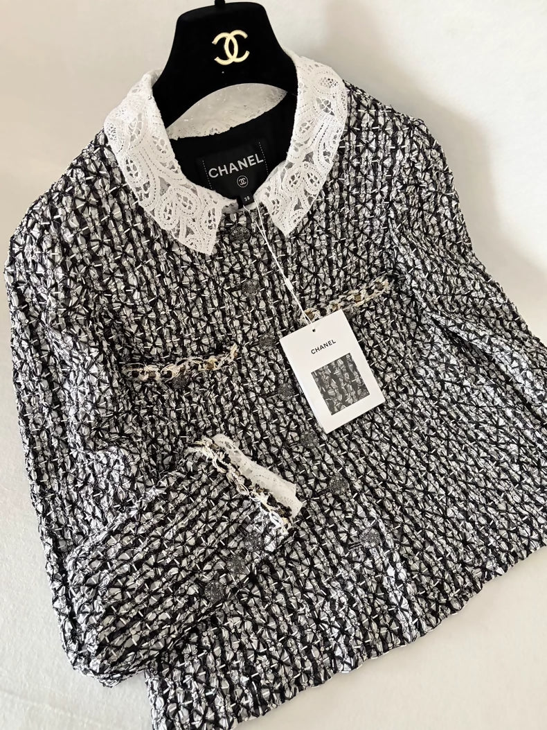 Chanel 23A Black and White tweed and Lace Jacket