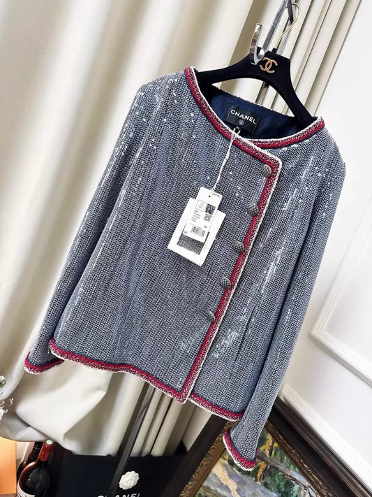 Chanel 20s Ice Blue Sequined Jacket with Red Woven Trim