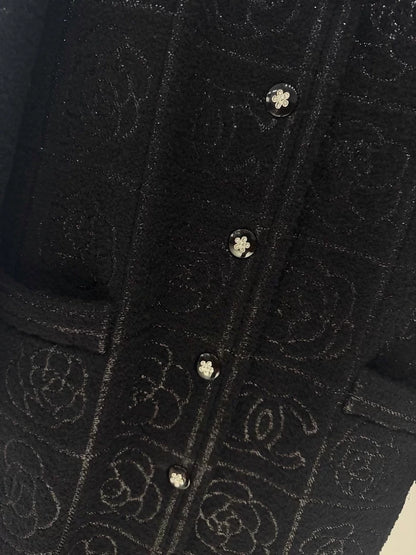 Chanel 23K black camellia print coat