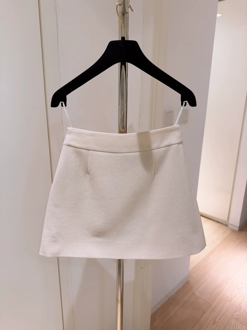 Valentino 26SS Cream White Wool Crepe Skirt with Double V Metallic Logo Wrap Skirt