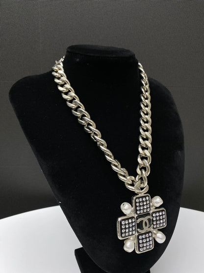CHANEL 22P pearl rhinestone cross chain necklace