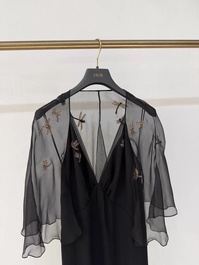 Dior black bee rhinestone embroidered evening gown