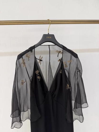 Dior black bee rhinestone embroidered evening gown