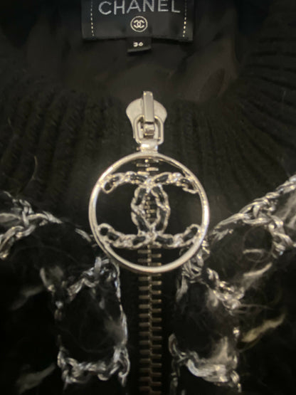 CHANEL 19B Black Alpaca CC Zipper Bomber Jacket Coat FR 36