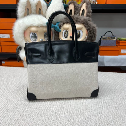 Hermes Birkin 30 Canvas & Black Box Leather with gold hardware