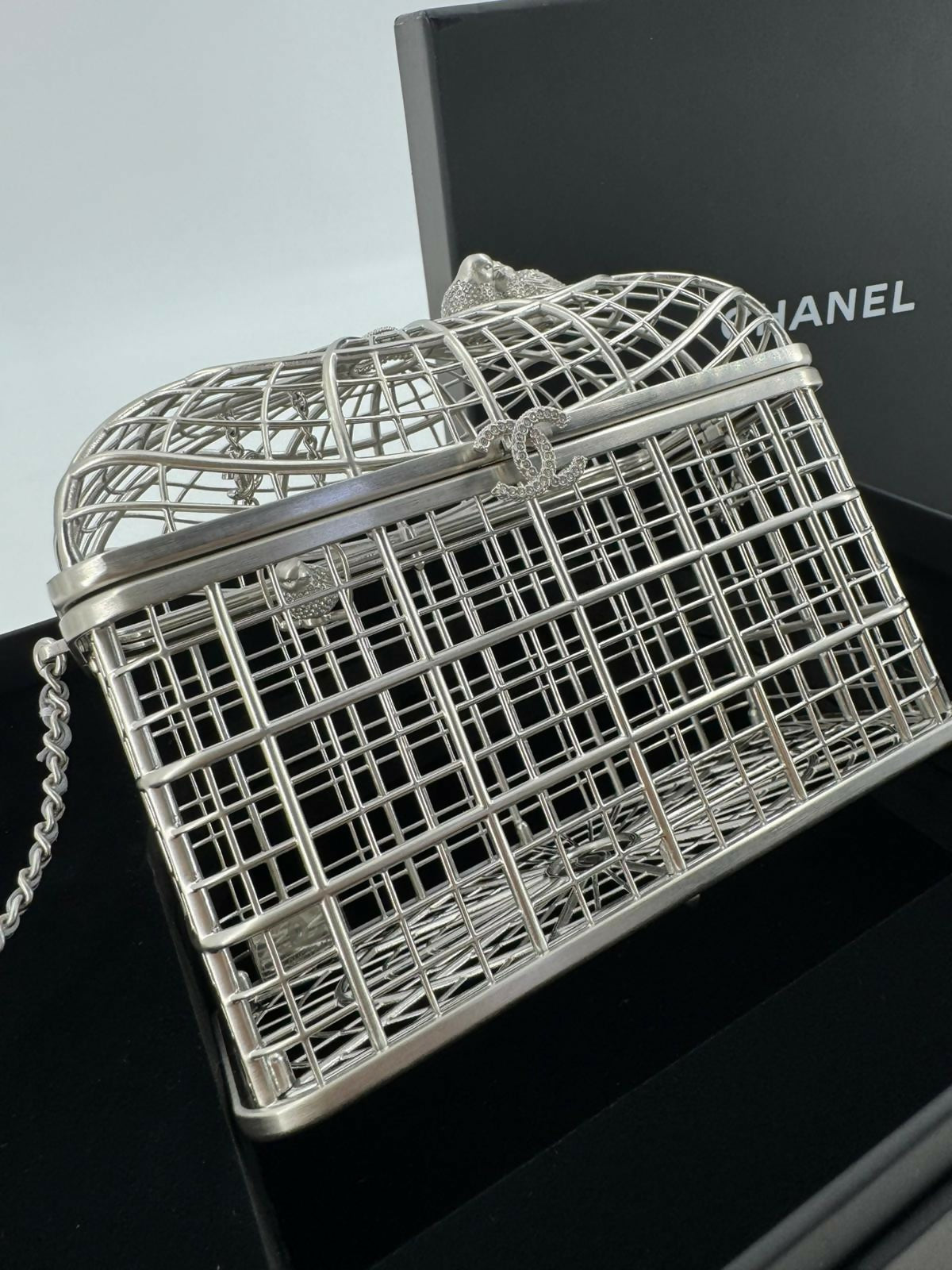 Chanel 2025 Rhinestone and Metal Embellishments Sliver Birdcage Minaudière Bag