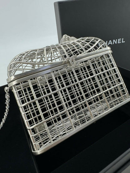 Chanel 2025 Rhinestone and Metal Embellishments Sliver Birdcage Minaudière Bag