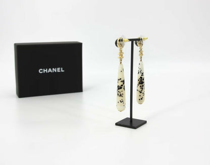 Chanel 26A Resin Polka Dot Black and White Drop Stud Earrings
