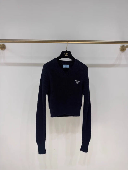 Prada navy blue V-neck knit sweater with triangle logo