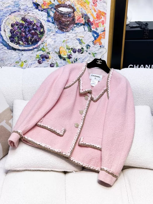 Chanel 16c pink satin lace-trimmed tweed jacket