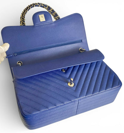Chanel 2019 Caviar Royal Blue Jumbo Chevron Double Flap Timeless Classic Bag SHW