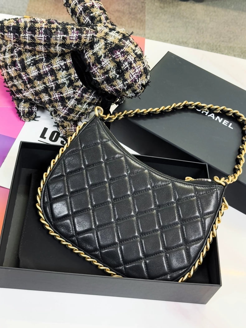 Chanel 23B black and gold quilted hobo shoulder bag with chain strap
