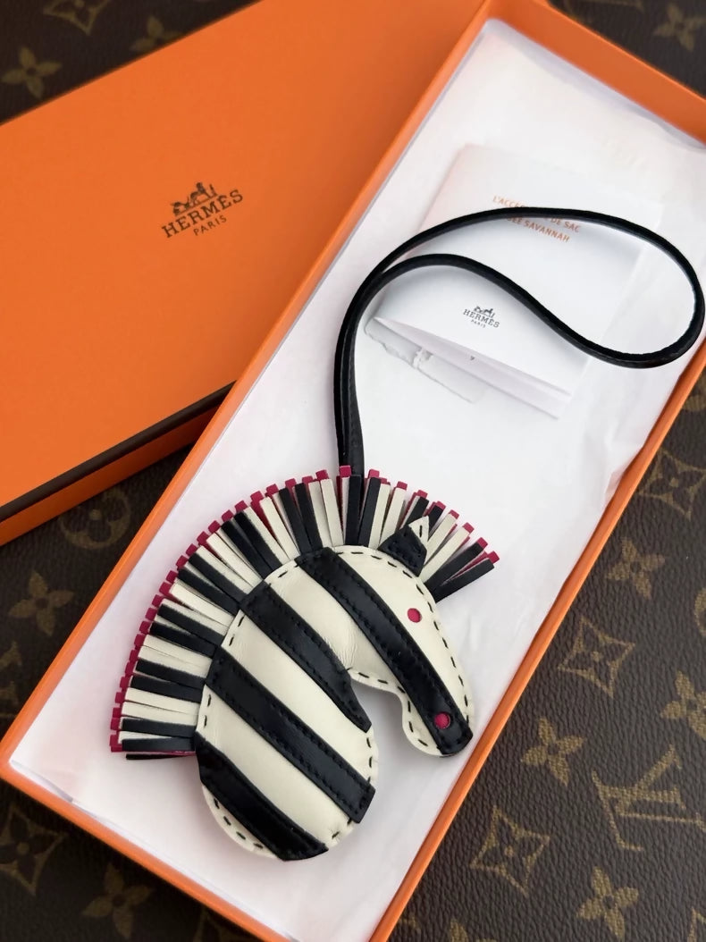 Hermes Geegee Savannah Zebra Bag Charm in Craie/Black