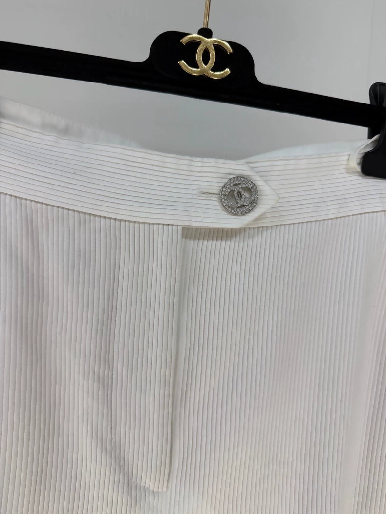Chanel 20P White Striped Rhinestone Button Straight Leg Pants