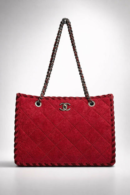 Chanel 13A Edinburgh Red Medium Felt Wool Quilted Timeless Shopping Tote Bag